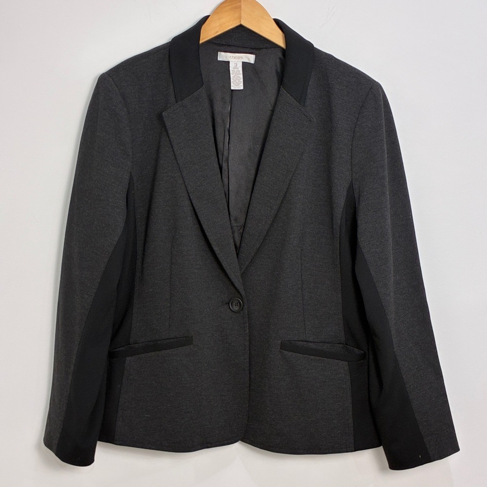 Chico's Blazer Charcoal Grey Colorblock Career Professional Size 3